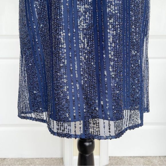 CeCe Size XS Navy & Black Sequin Layered Bow Tie Neck Sleeveless Cocktail Dress - Picture 4 of 15